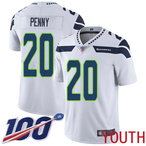 Seattle Seahawks Limited White Youth Rashaad Penny Road Jersey NFL Football #20 100th Season Vapor Untouchable